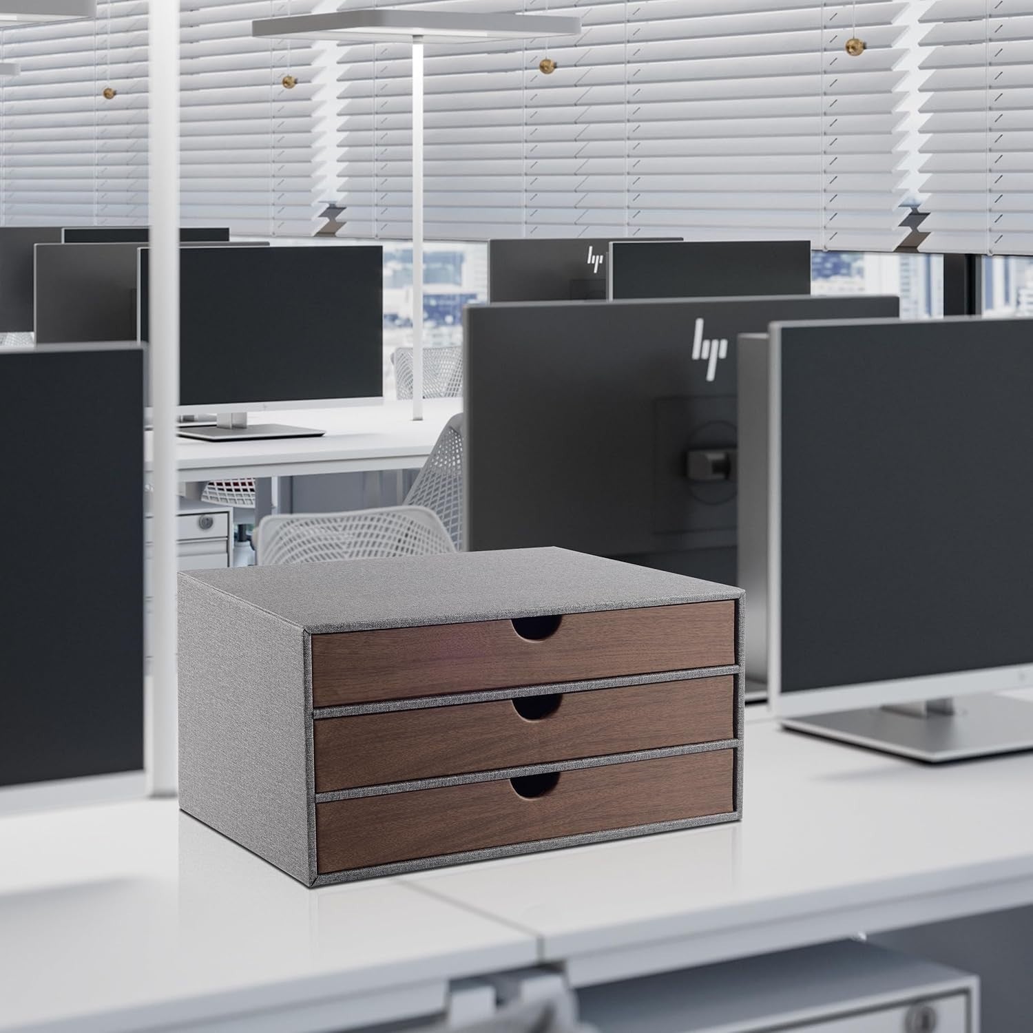 Grey PU Leather Desk Organizer with 3 Drawers for Office & Home