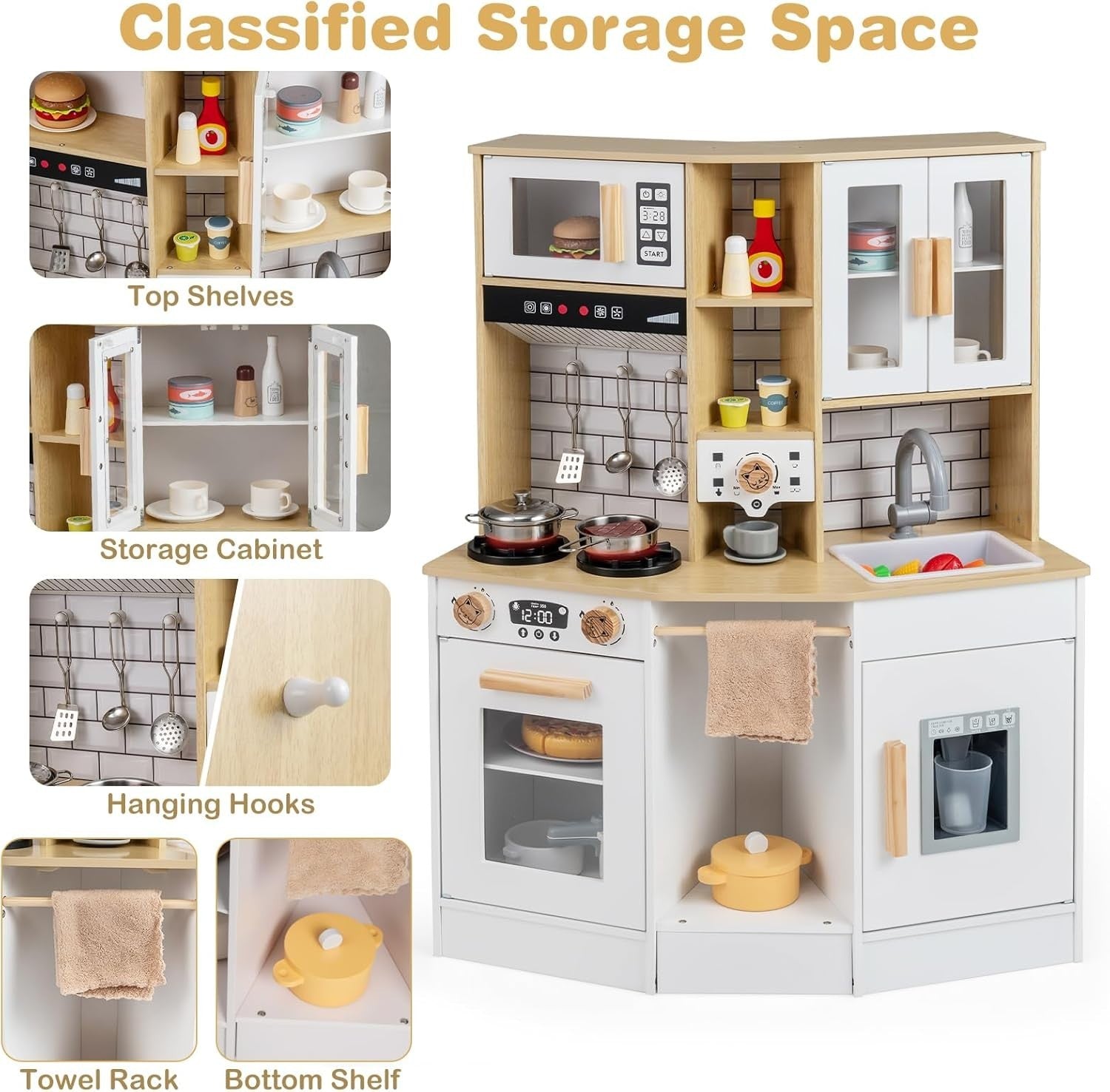 Kids Wooden Play Kitchen Lights Sounds Coffee Machine Ice Maker Toy