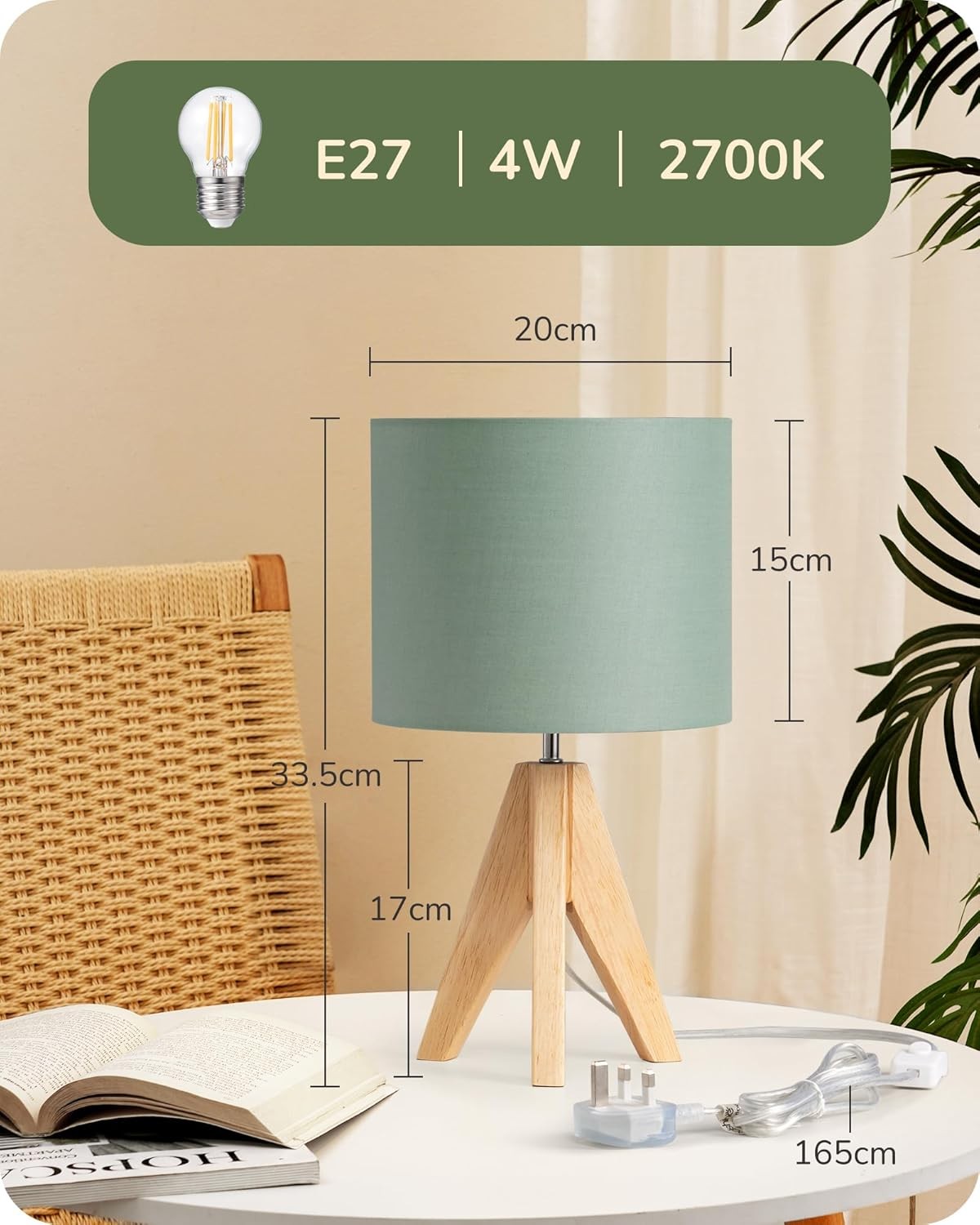 Tripod Bedside Table Lamp Green Linen Shade Wooden Base Modern Desk Light 36cm
