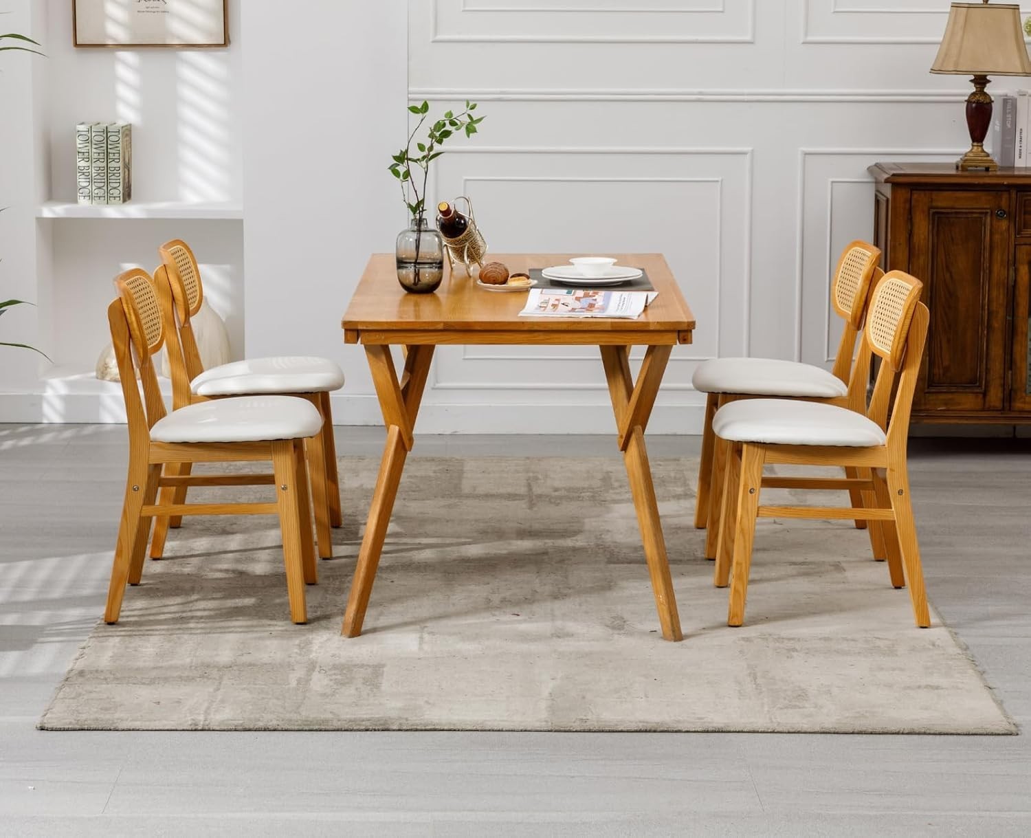 White PU Leather Dining Chairs Set of 2 Wooden Frame Rattan Back Kitchen