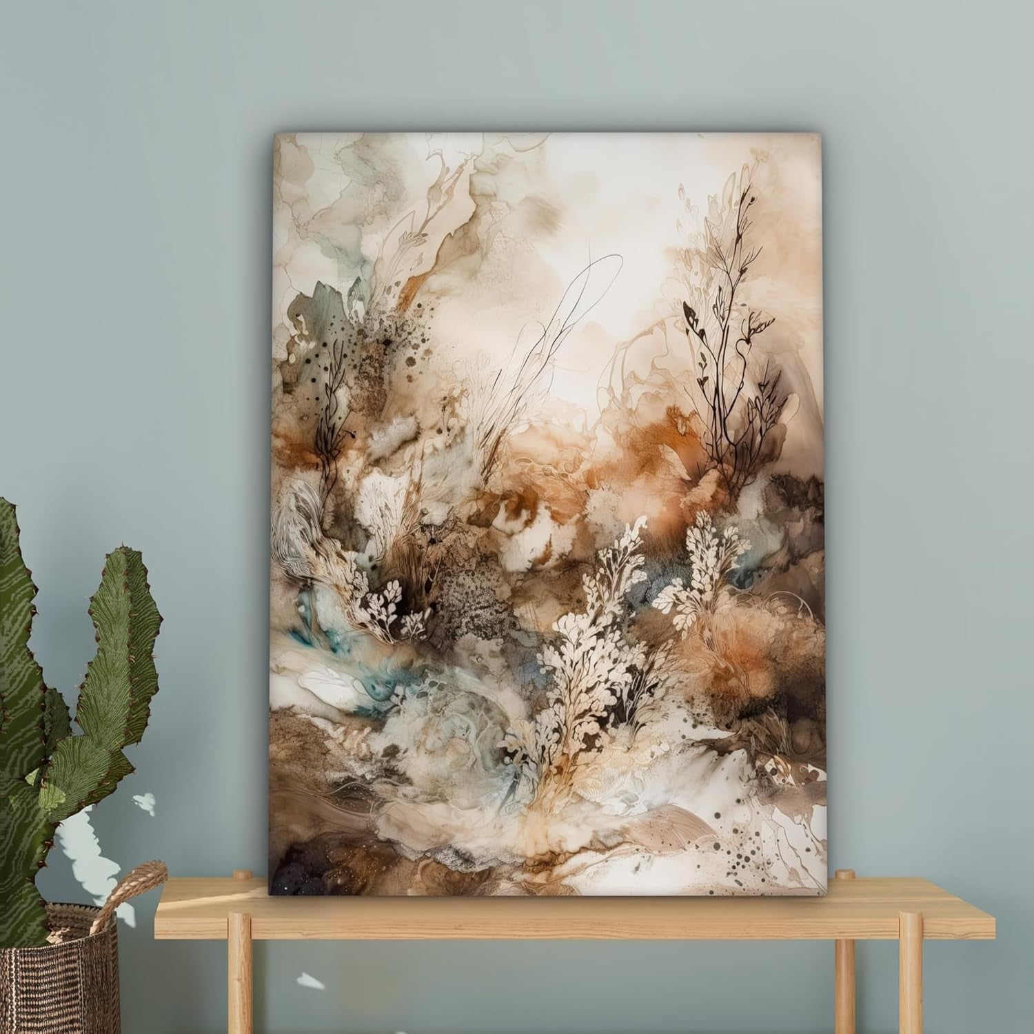 Large Framed Canvas Wall Art 50x70cm Abstract Beige Floral Print
