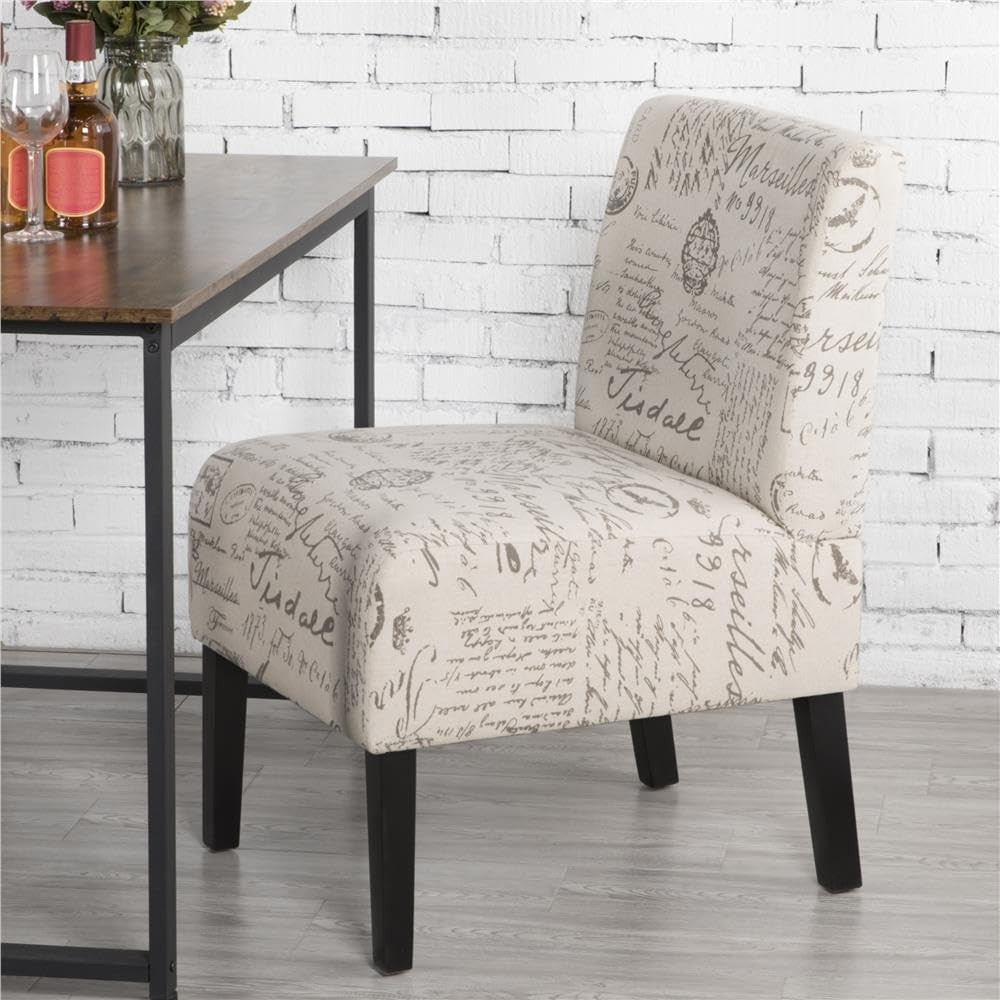 Linen Accent Side Chair Letter Print Solid Wood Legs Bedroom Dining