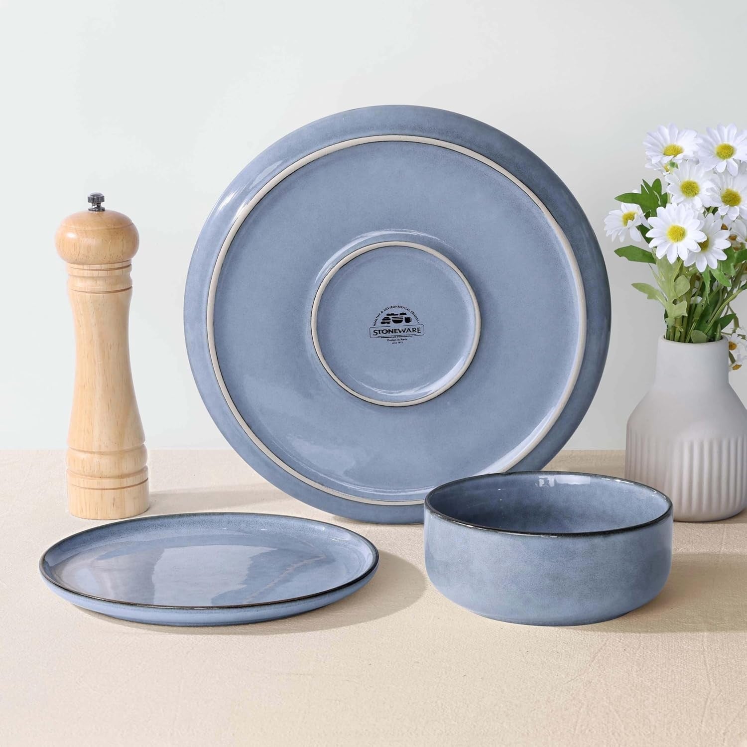 12pc Stoneware Dinner Set Plates Bowls Microwave Dishwasher Safe Blue