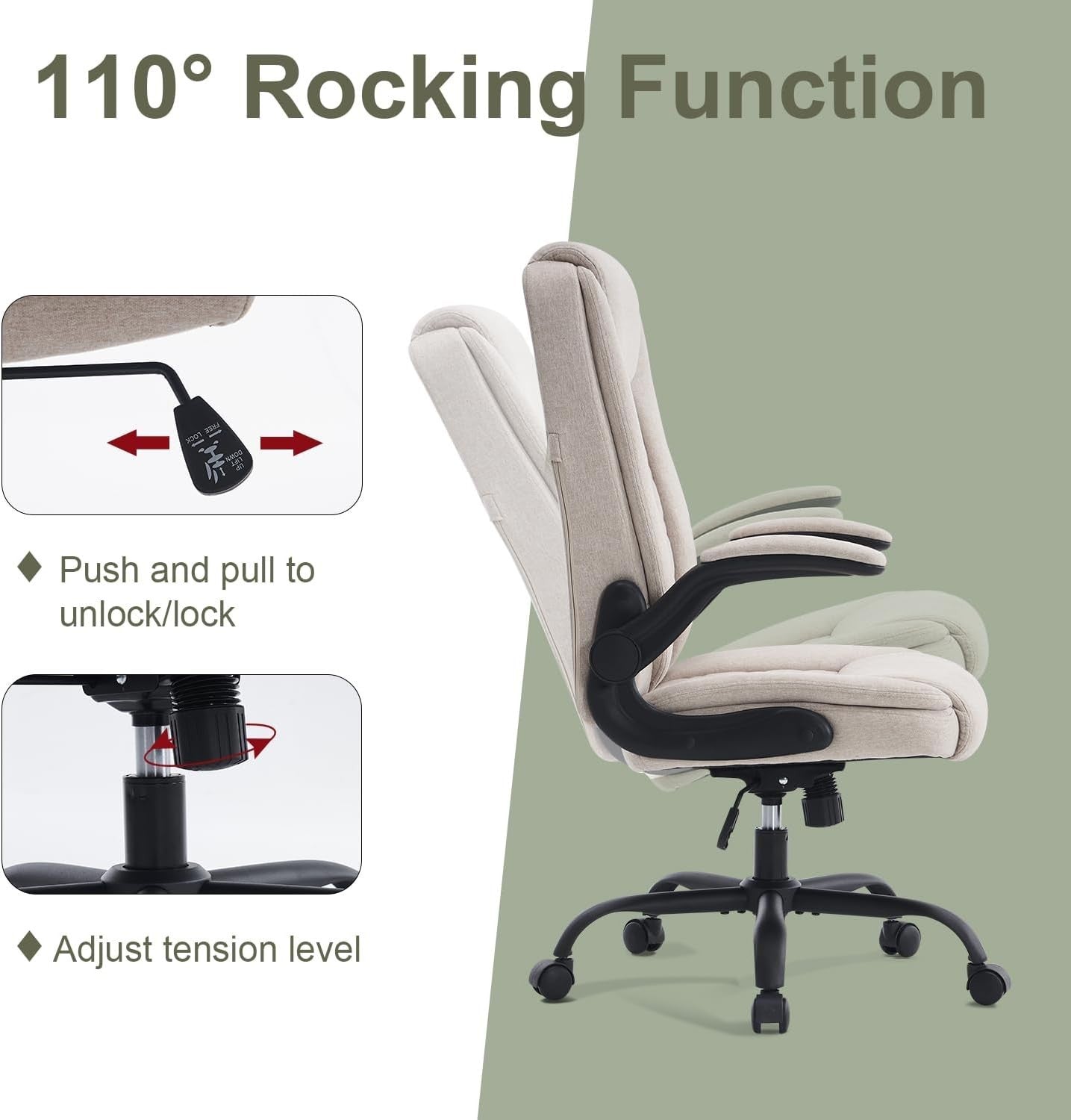 Ergonomic Office Chair Large Open Back Swivel Fabric Seat Adjustable Cream