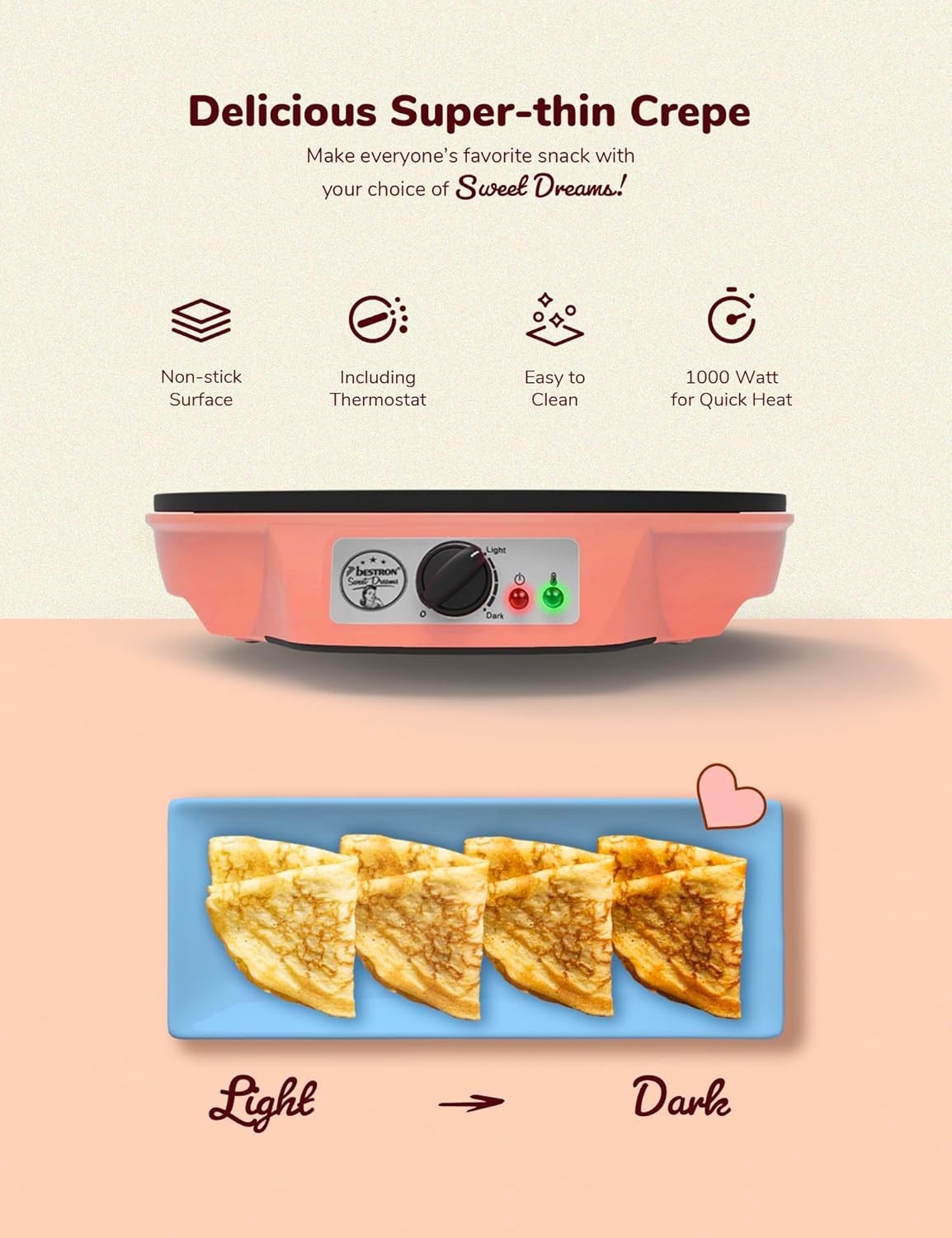 12" Electric Crepe Pancake Maker 1000W Non-Stick Adjustable Temp Orange