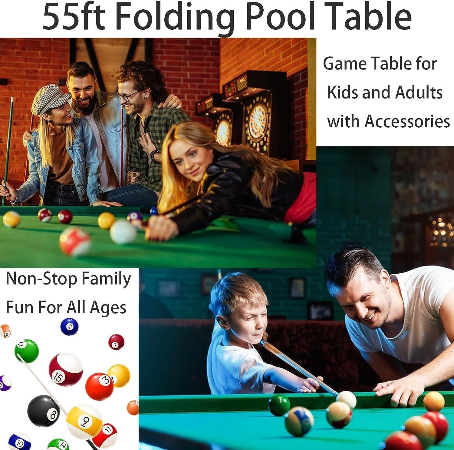 Foldaway Family Pool Table 4.5FT Space Saving Billiards Game Set