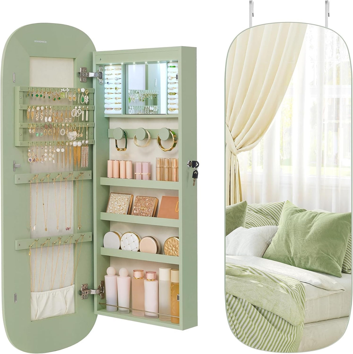 Laurel Green LED Wall Mounted Jewelry Cabinet Mirror Lockable Wide Storage