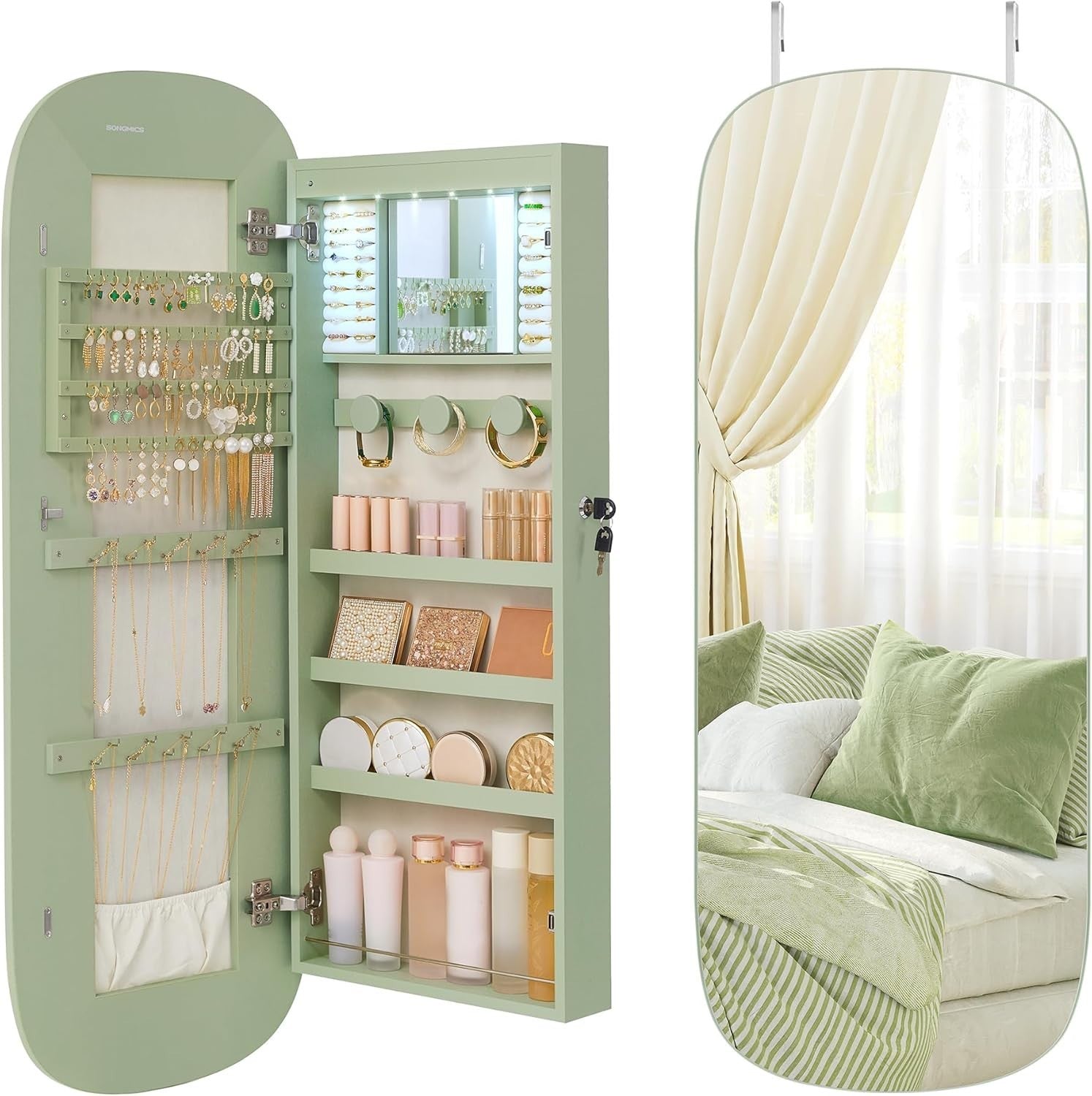 Laurel Green LED Wall Mounted Jewelry Cabinet Mirror Lockable Wide Storage