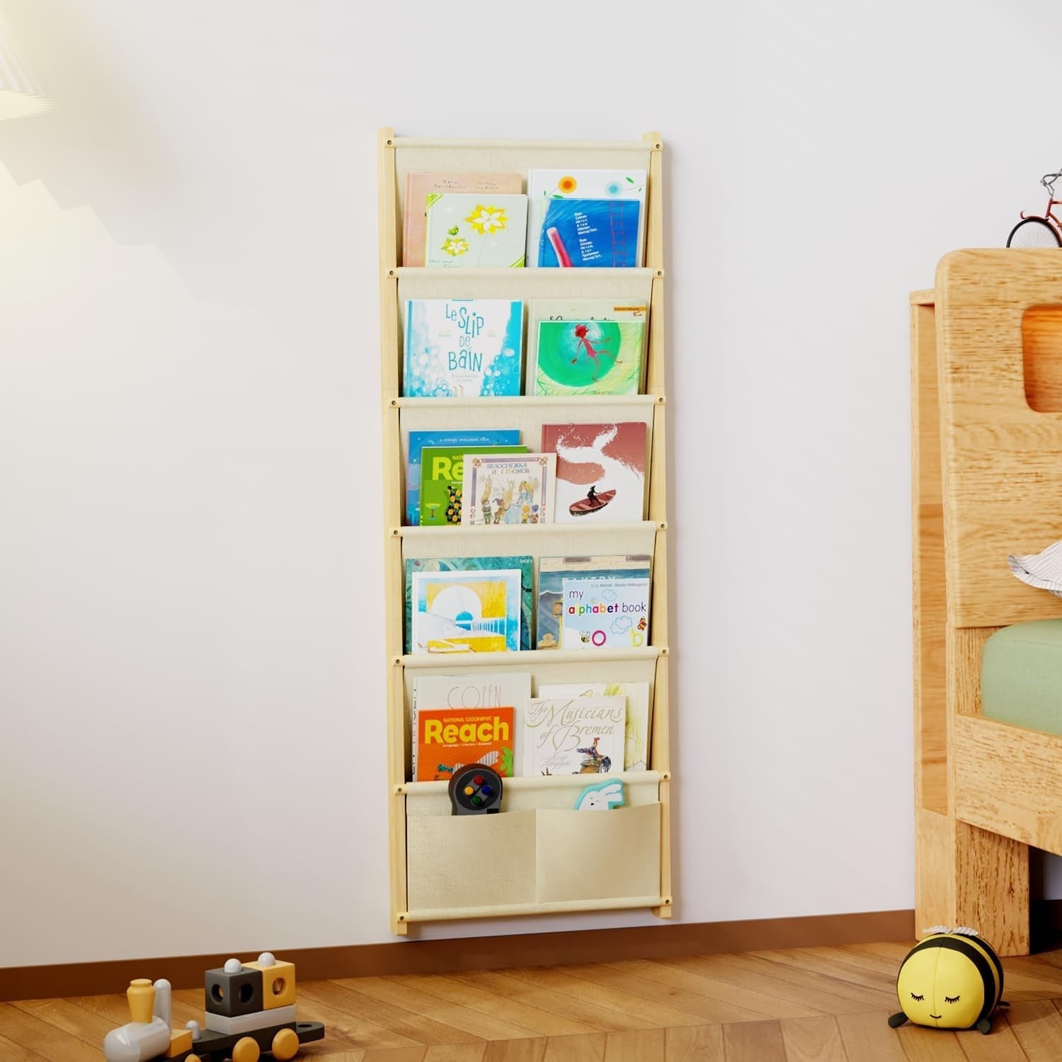 6-Tier Wall Mounted Kids Bookshelf Solid Wood Floating Book Rack Organizer