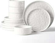 12 Piece Stoneware Dinner Set for 4 Reactive Glaze Plates Bowls White