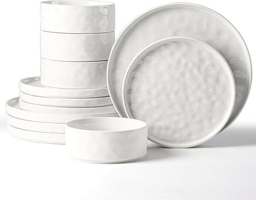 12 Piece Stoneware Dinner Set for 4 Reactive Glaze Plates Bowls White