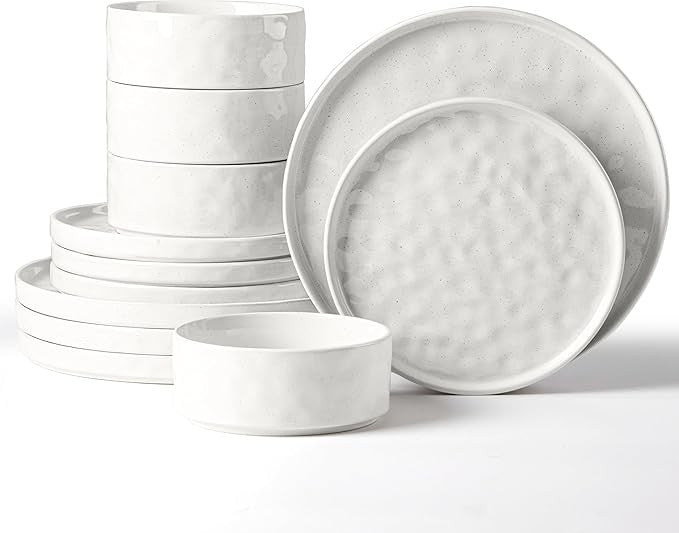 12 Piece Stoneware Dinner Set for 4 Reactive Glaze Plates Bowls White