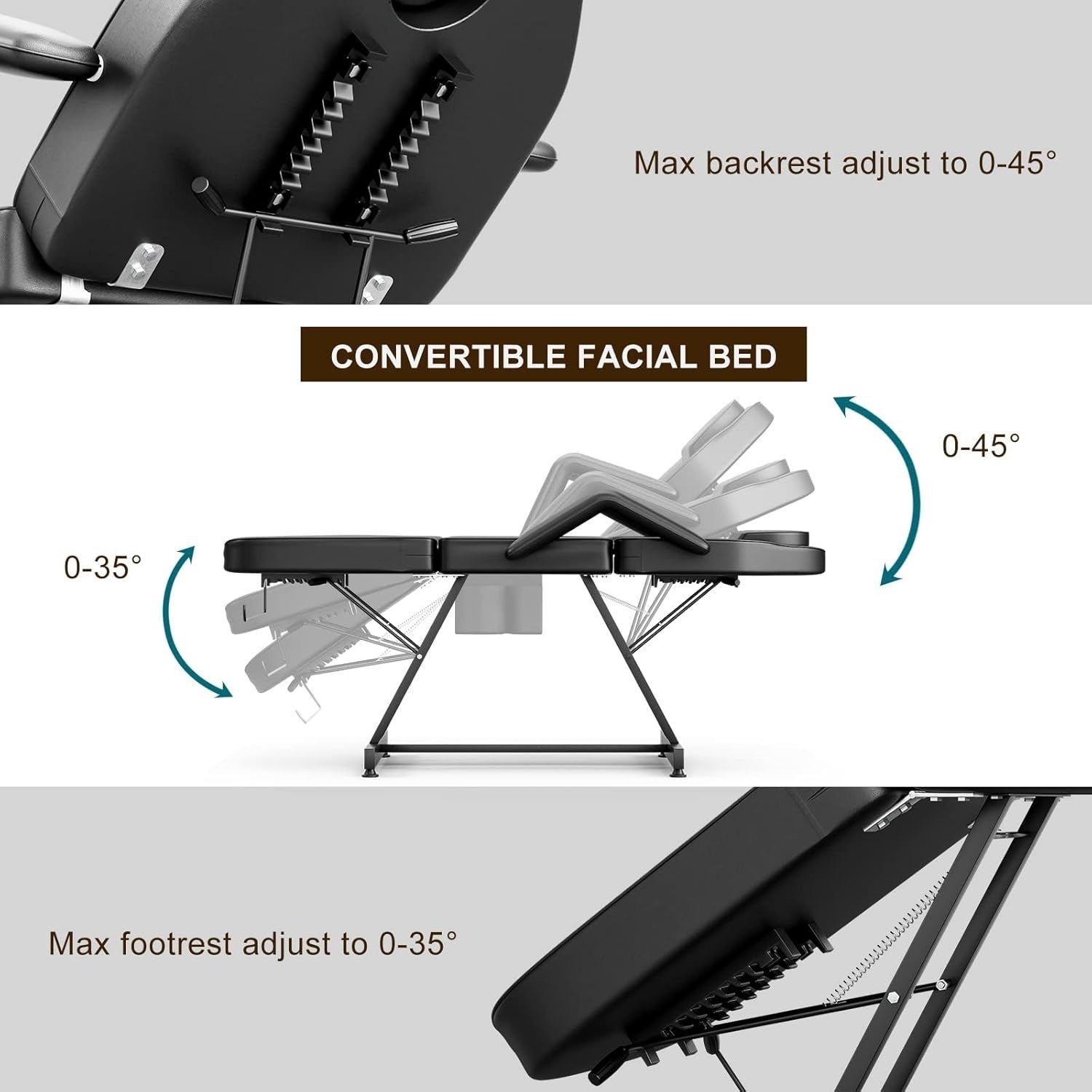 Adjustable 3-Section Beauty Massage Bed w/ Hydraulic Stool & 20 Sheets Black