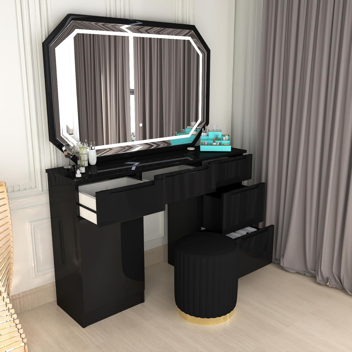 Vanity Dresser Table w/LED Mirror & Padded Stool 7 Drawers Black High Gloss