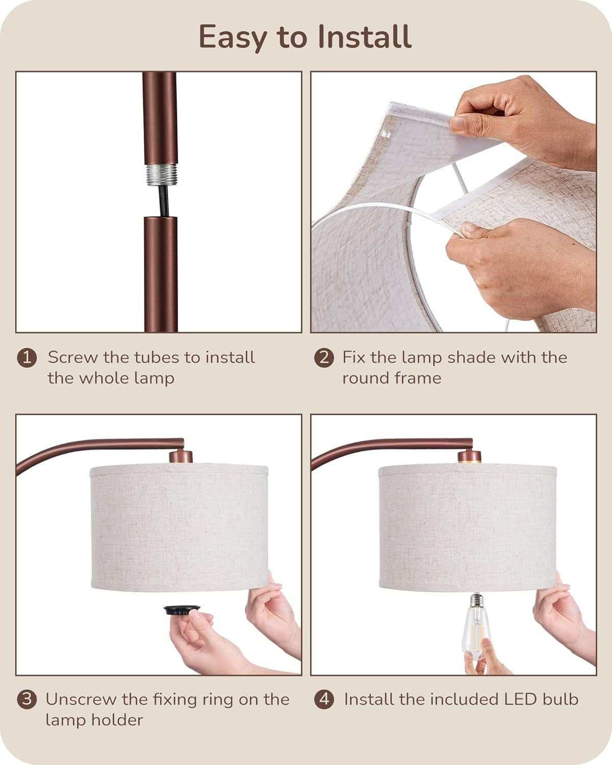 Modern Arc Floor Lamp Adjustable Linen Shade Brown Standing Light E27