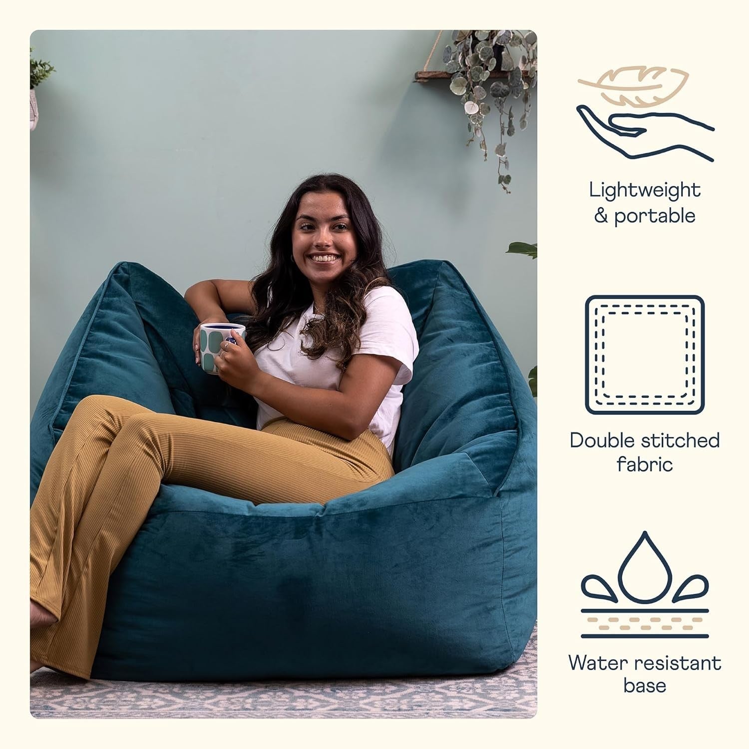 Teal Green Velvet Bean Bag Chair Adult Armchair Lounge Soft Seat Sofa