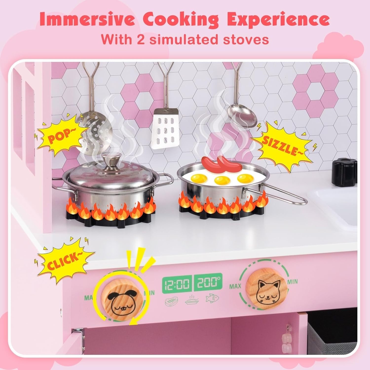 Wooden Kids Play Kitchen Pink Toy Set Sink Dishwasher Storage Stove