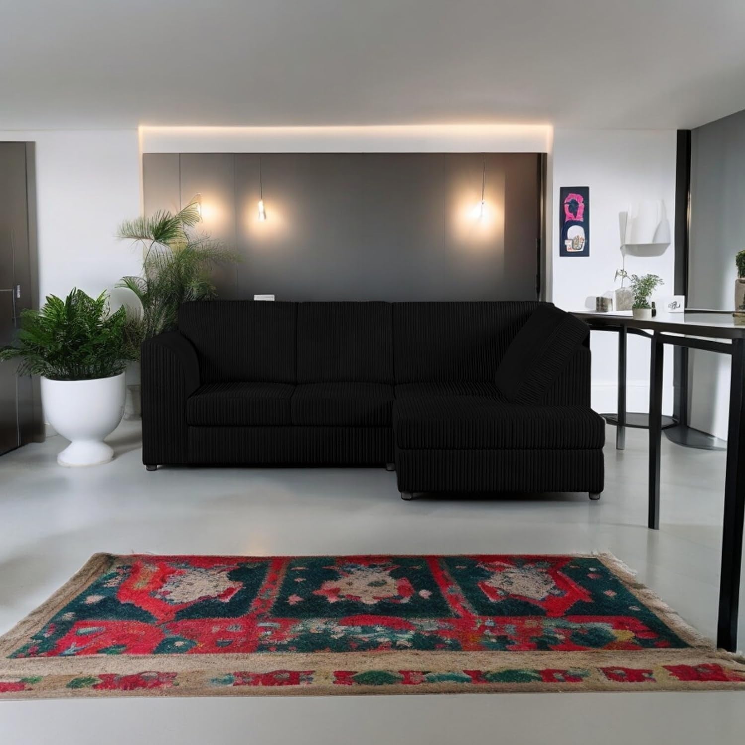 High Back Jumbo Cord 4-Seater Right Hand Corner Sofa Black L-Shape