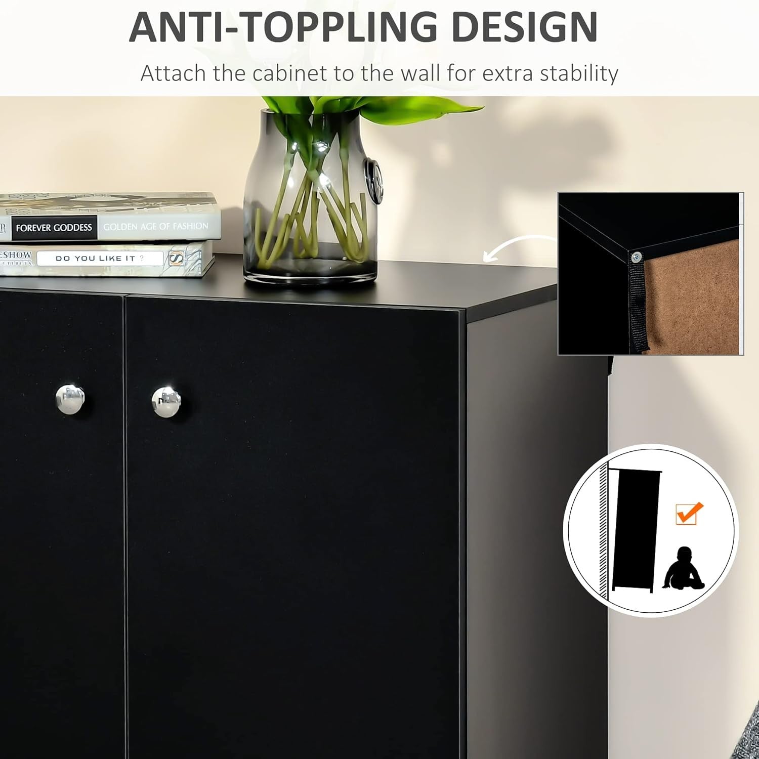 Modern Black Wooden Storage Cabinet 2 Door Sideboard Cupboard Bookcase