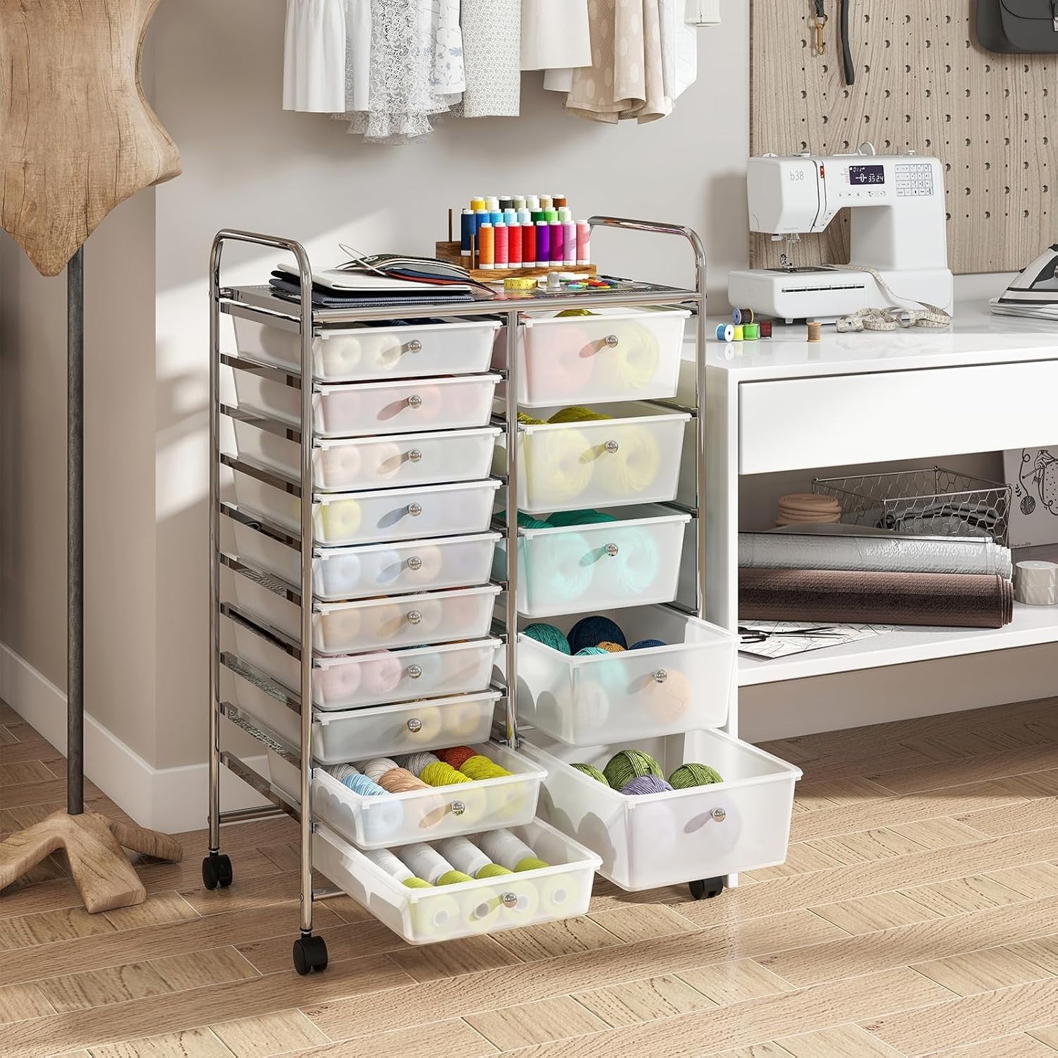 15 Drawer Rolling Storage Trolley Clear Mobile Organizer Cart Wheels