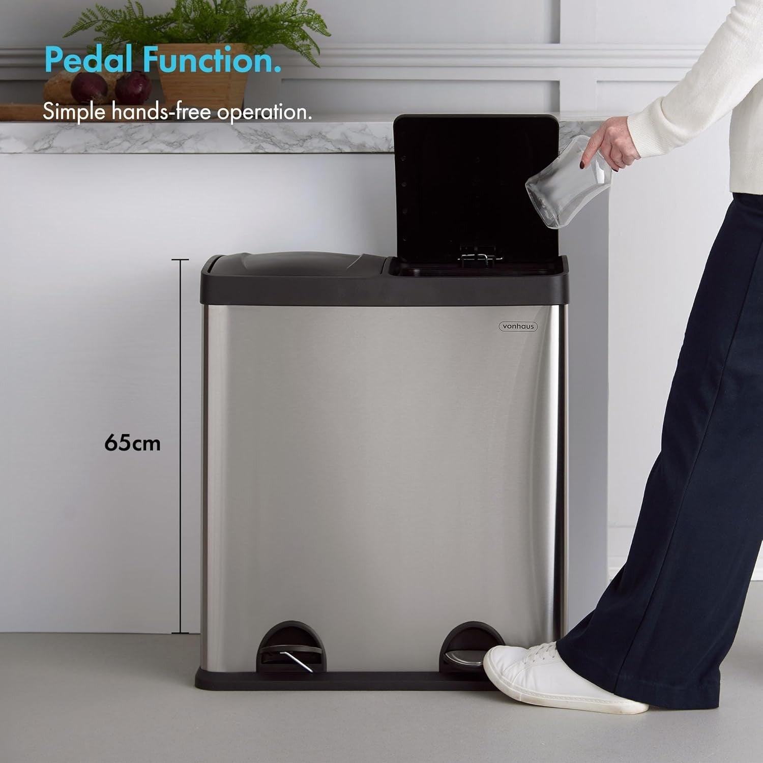 60L Dual Compartment Kitchen Bin | Touch-Free Recycling Waste Bin