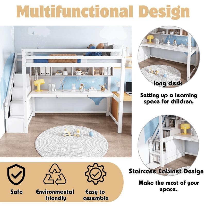 Kids Loft Bunk Bed with Desk Shelves Storage Stairs 3FT Pine Wood 90x190 White