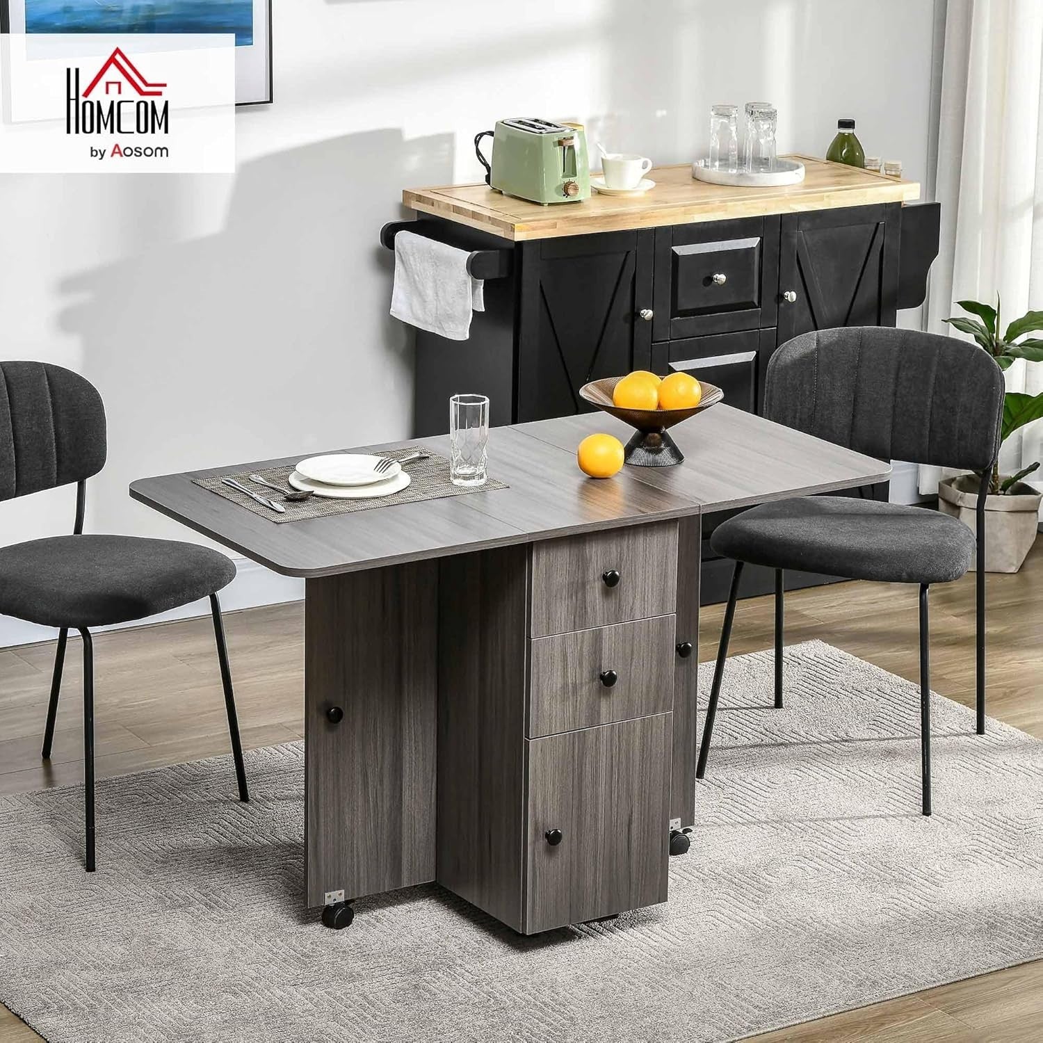 Folding Drop Leaf Dining Table 4-6 Seater on Wheels with Storage Grey