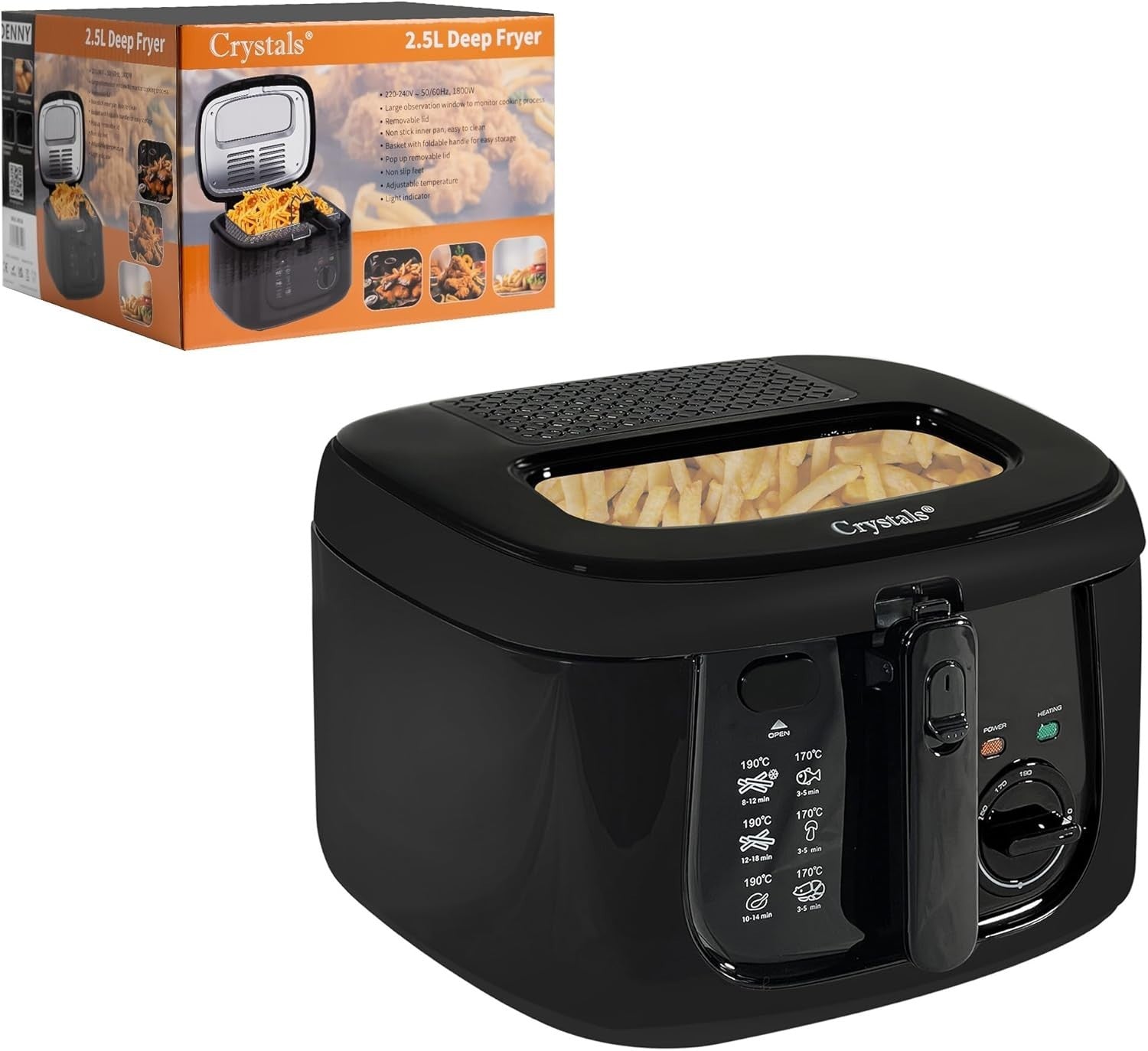 2.5L Deep Fat Fryer 1800W Adjustable Temp Viewing Window Compact