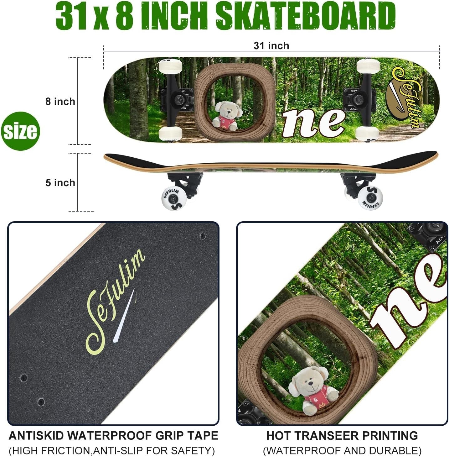 31" Complete Skateboard Maple Double Kick Trick Board Teens Adults Beginner