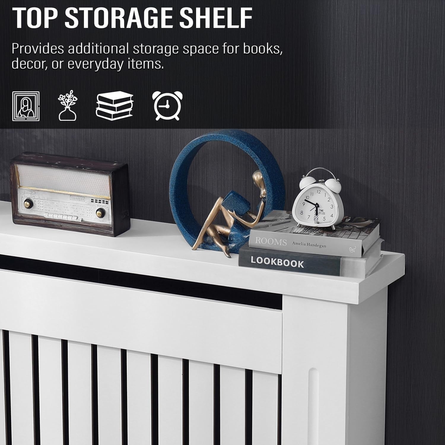 Extra Large White Radiator Cover Cabinet | MDF Wood Slatted Heating Shelf
