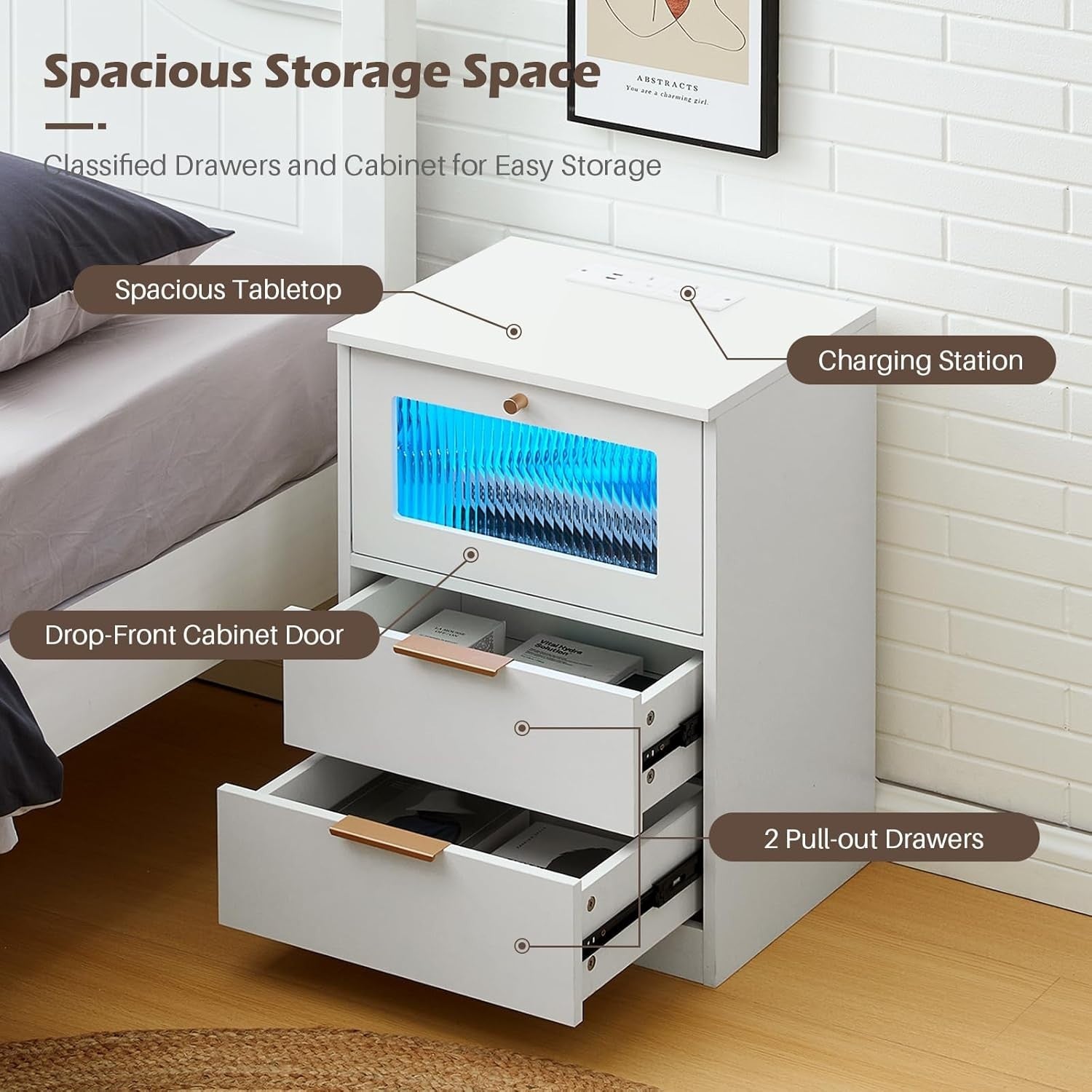 Set of 2 Smart LED Bedside Tables with USB Charging | Modern White 2 Drawer