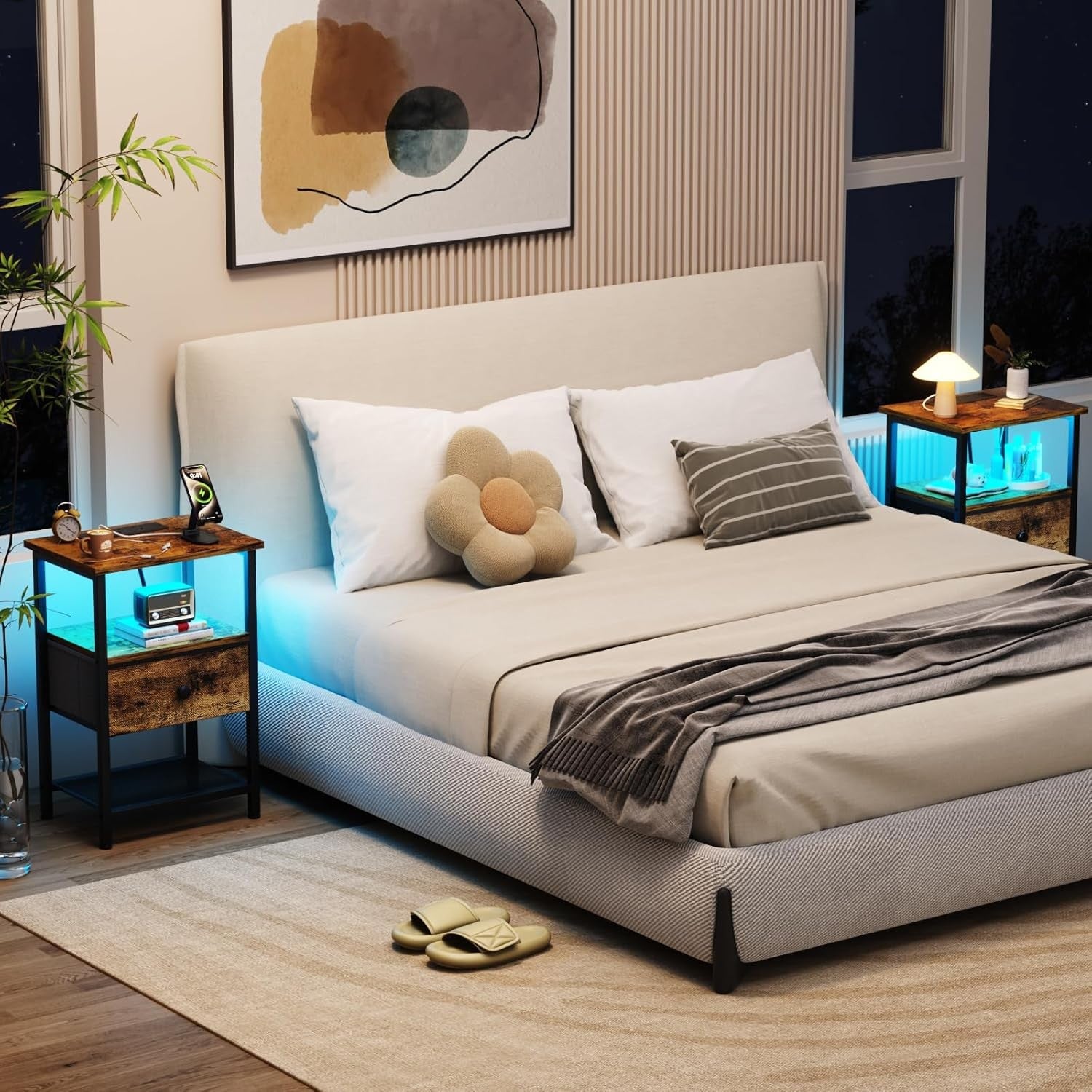 Brown LED Bedside Table with Charging Station Drawer & Storage Shelf