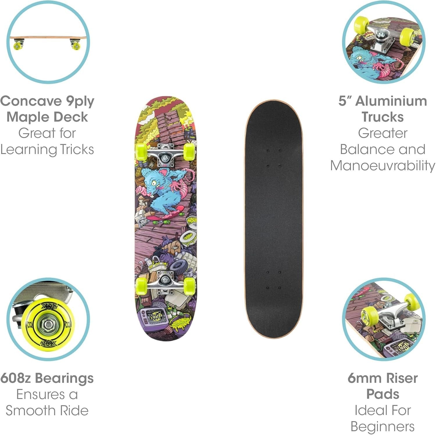 31in Maple Double Kick Skateboard Youth Beginner Trick Board Yellow
