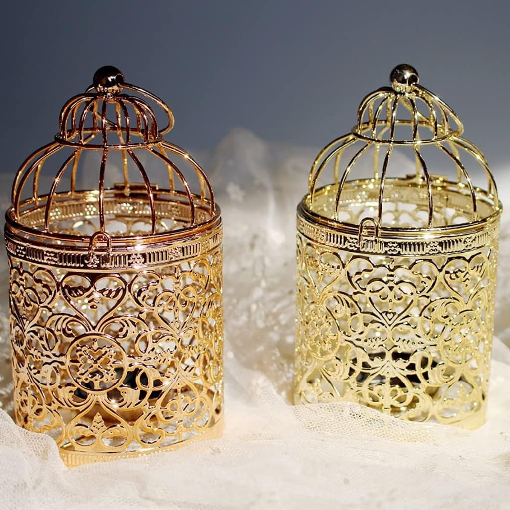 Decorative Hanging Lantern – Bird Cage Metal Candle Holder (B Rose Gold)