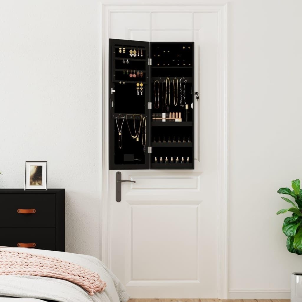 LED Wall Hanging Jewelry Armoire Mirror Lockable Slim Storage Black
