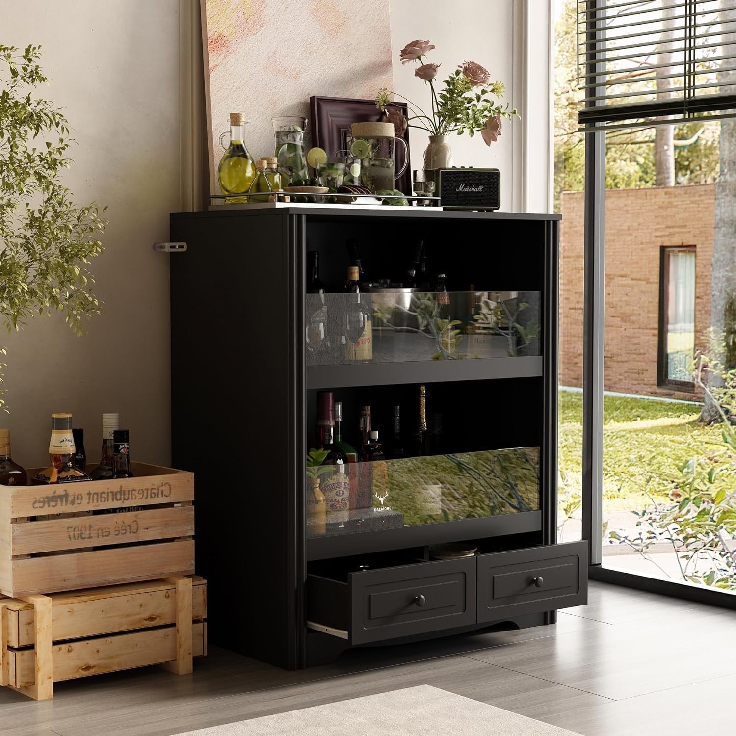 Black Wine Bar Cabinet with Glass Doors & Drawers, Modern Drinks Storage Unit