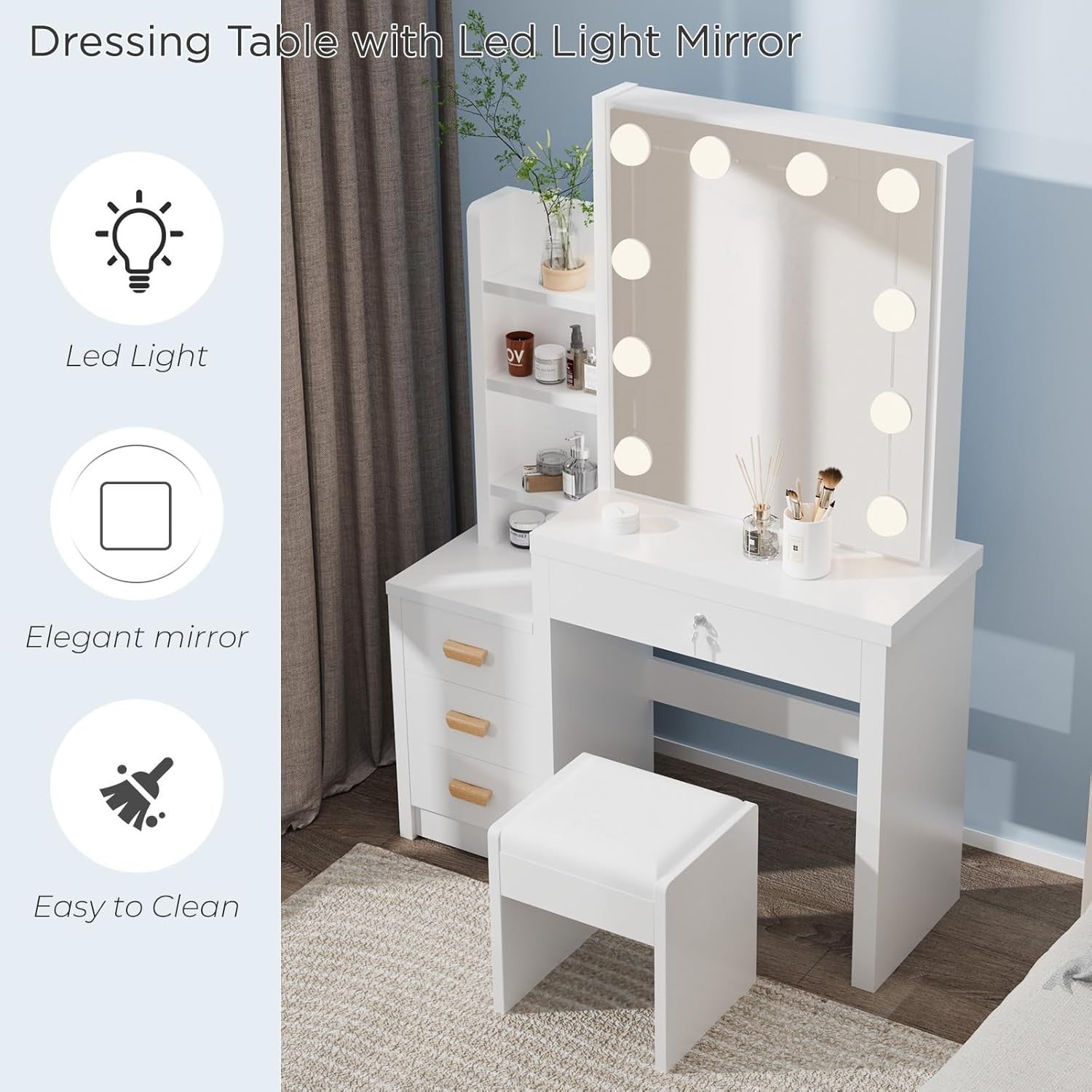 Vanity Set Makeup Desk White LED Mirror Sliding Storage Stool 4 Drawers Bedroom