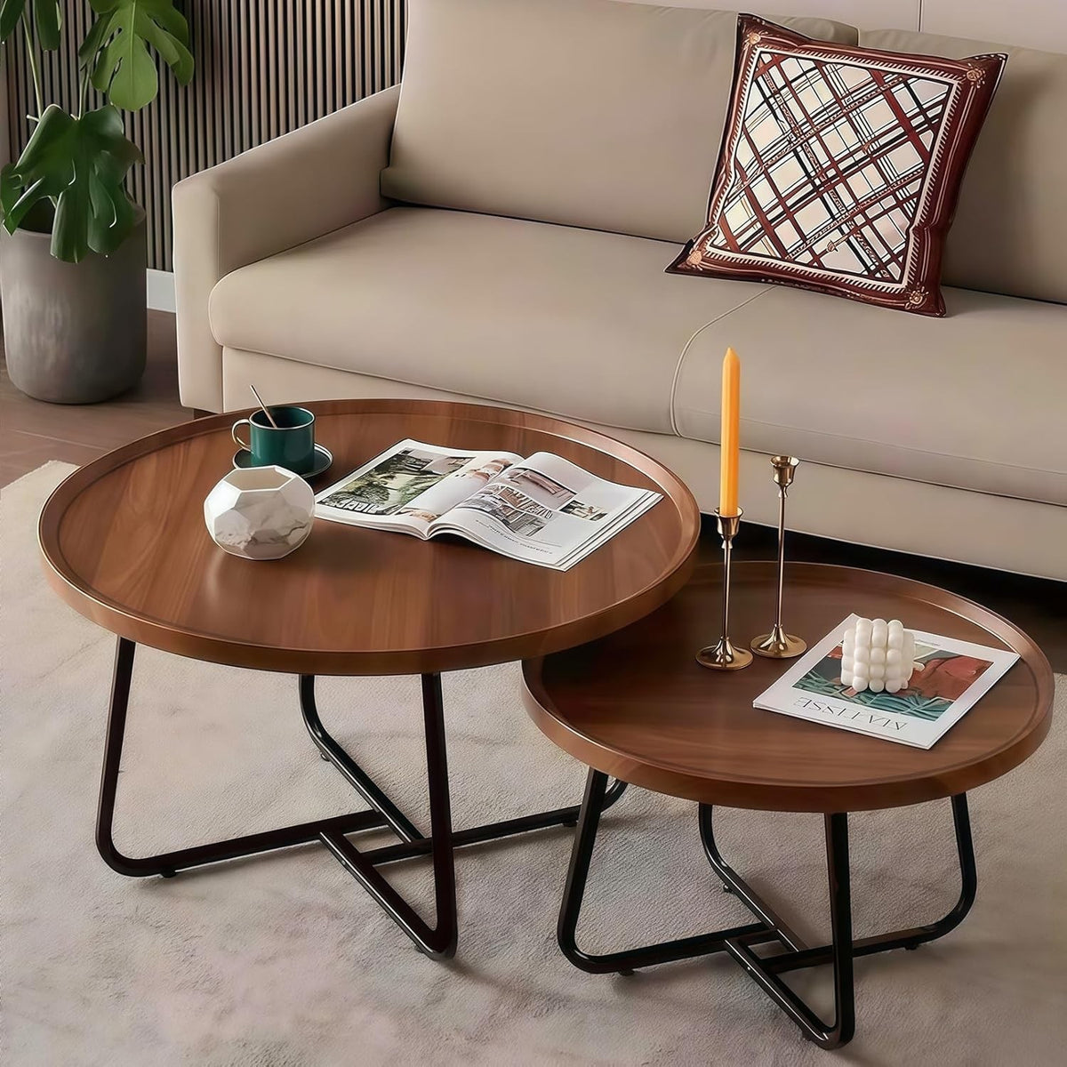 2pc Round Nesting Coffee Table Set Wood Side End Accent Nightstand Living Room