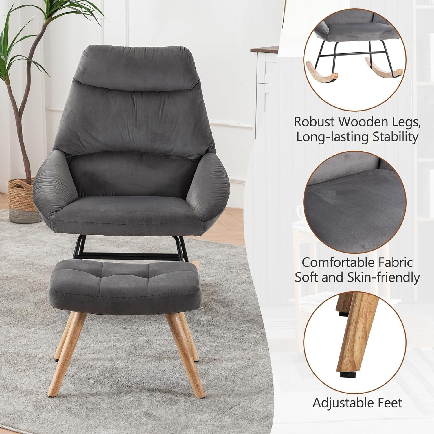 Rocking Chair with Footstool & Neck Pillow, Ergonomic Recliner for Nursery & Liv