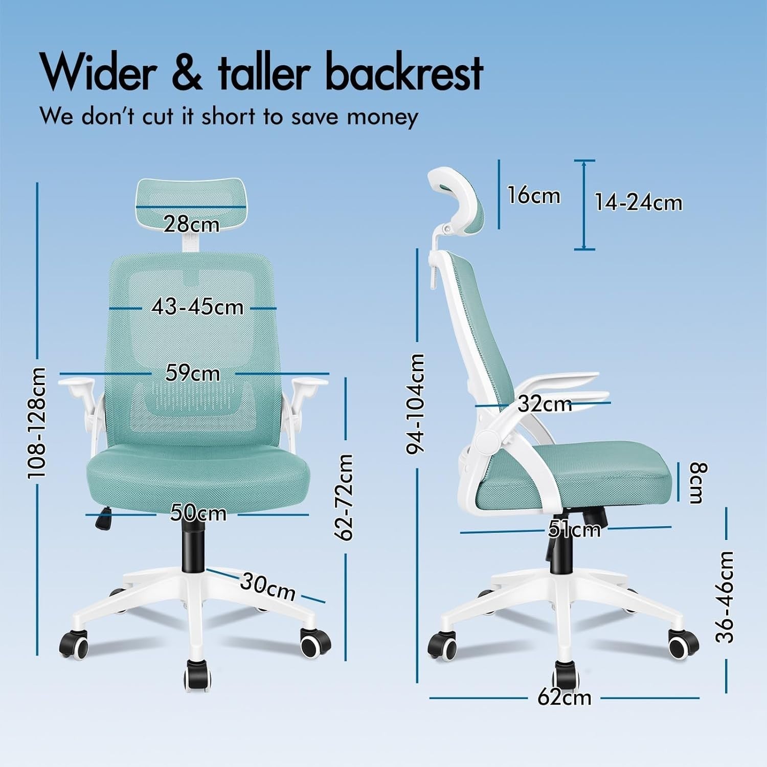Ergonomic Office Chair Mesh Back Flip-up Arms High Back Lumbar Support Cyan