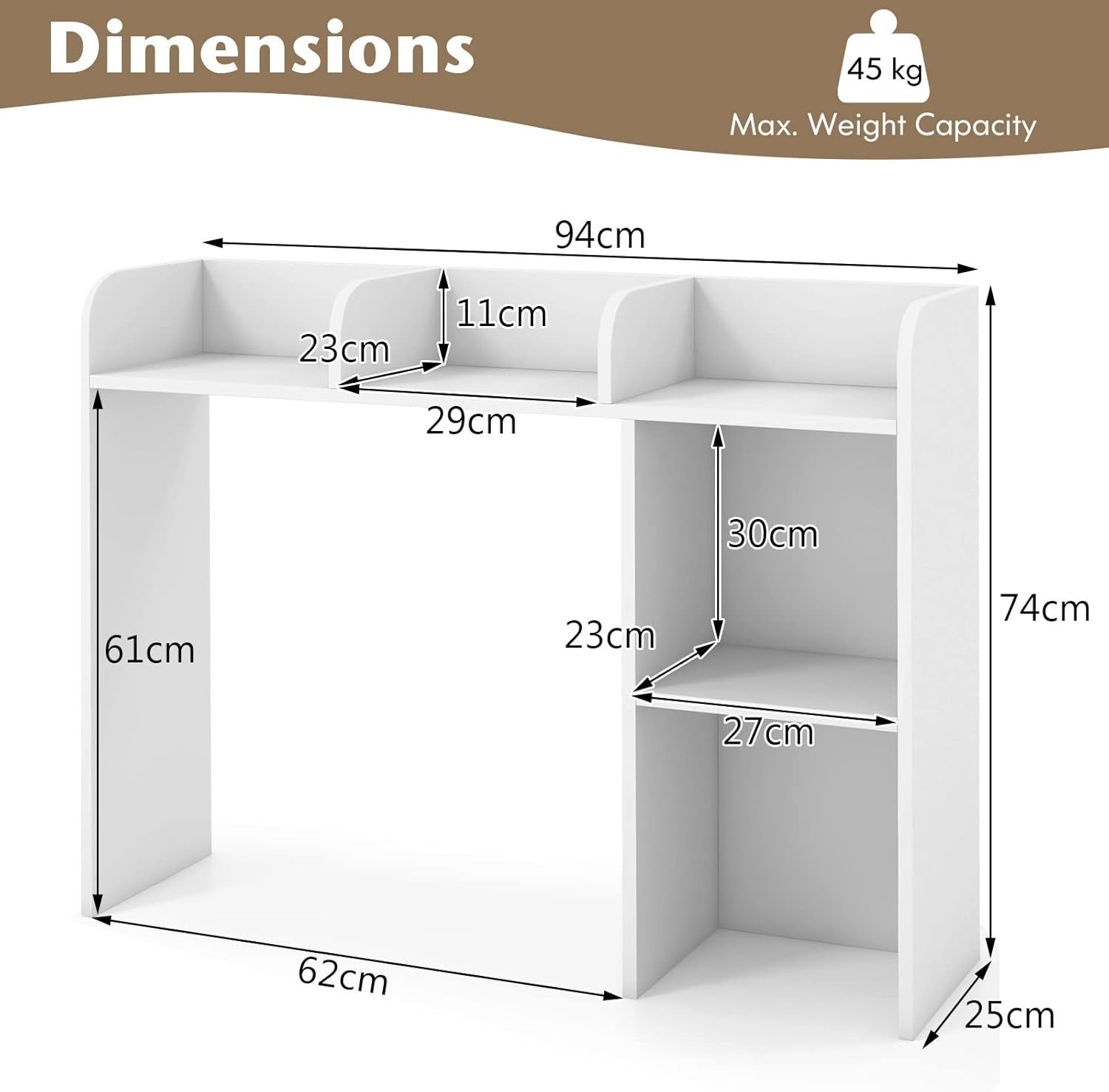 White Desktop Bookshelf 3-Shelf Storage Hutch Organizer Rack 94cm