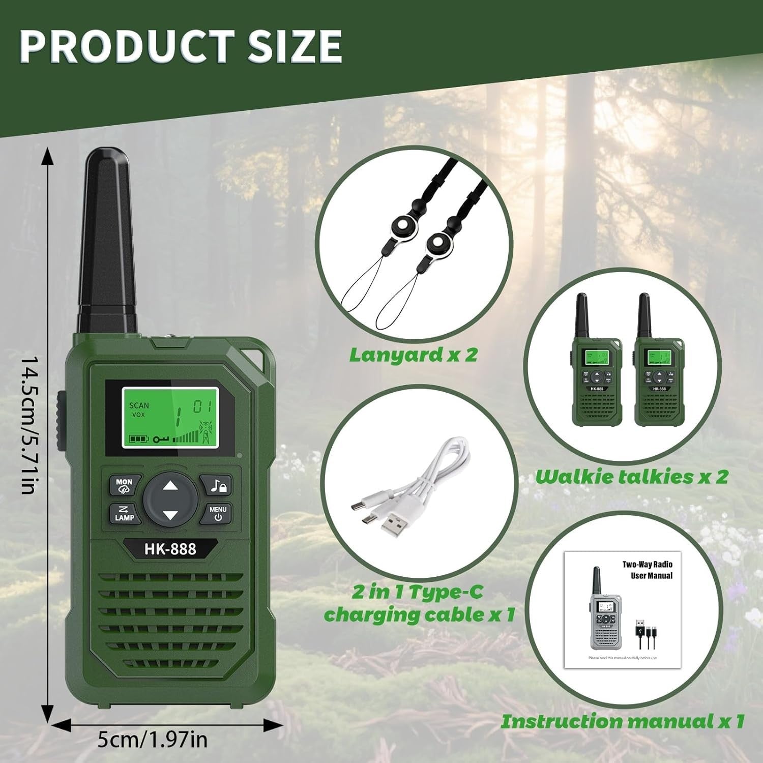 Kids Walkie Talkies 2 Pack Rechargeable 3KM Long Range 8 Channel Green