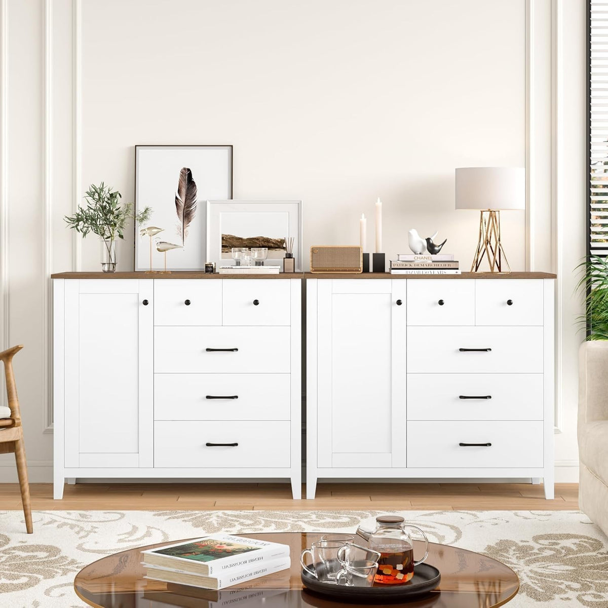 Modern Kitchen Sideboard with Adjustable Shelf & 5 Drawers White Brown
