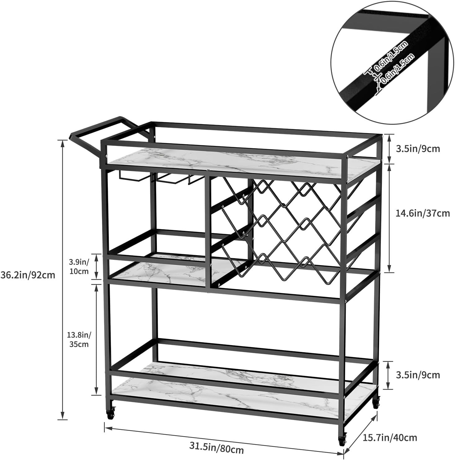 Bar Cart on Wheels with Wine Rack Glass Holder 3 Tier Drinks Trolley