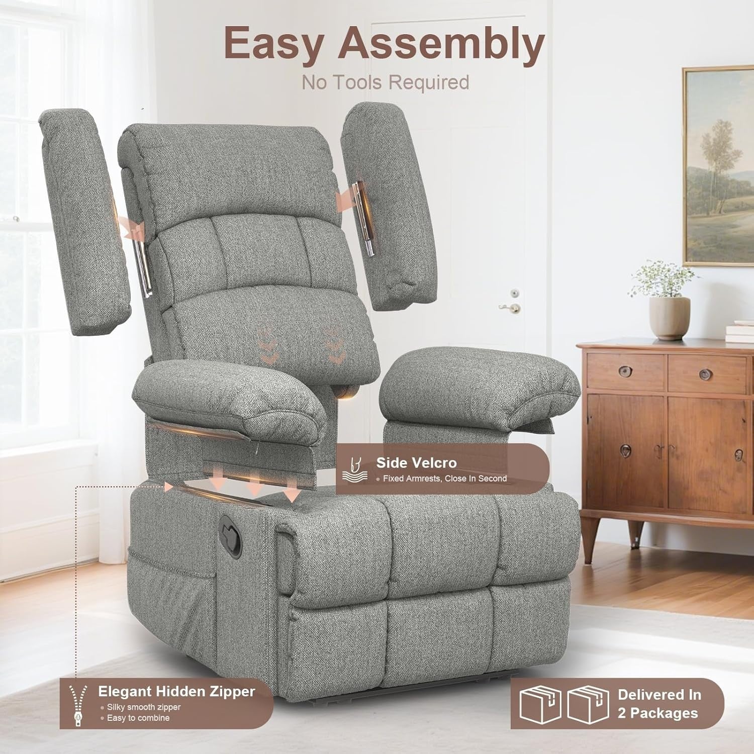 Manual Recliner Chair Massage Heat 135° Recline Footrest Dual Pockets Light Grey