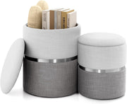 Beige & Grey Nesting Linen Storage Ottomans Set of 2 Round Footstools