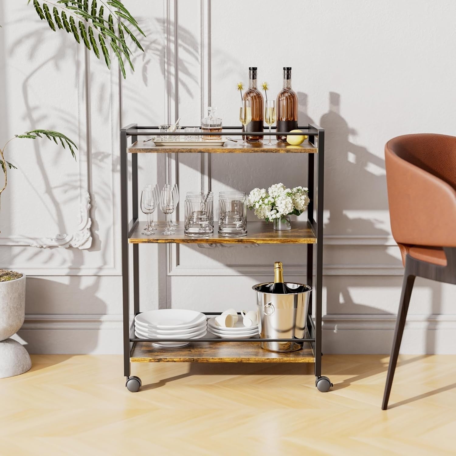 64x40x85cm Rustic Brown Bar Cart 3 Tier Drinks Trolley