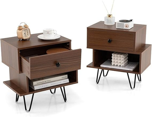 Modern Walnut Bedside Tables Set of 2, Wood Nightstands with Drawer & Shelf