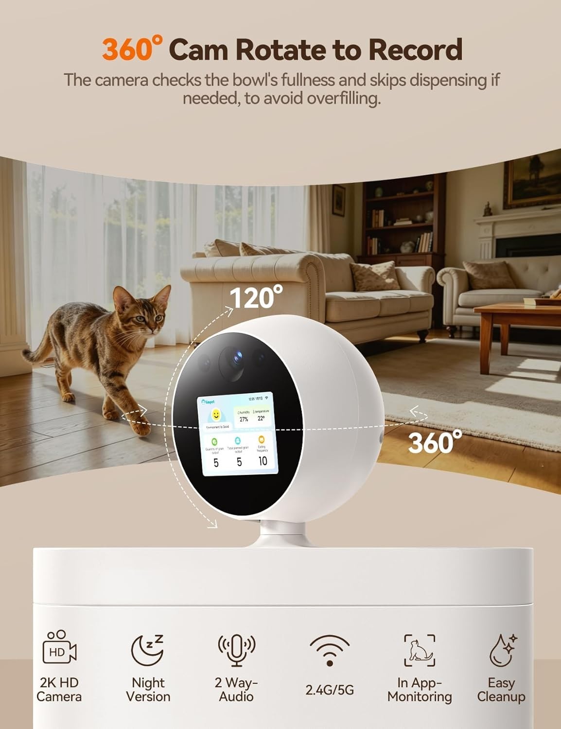 Smart Automatic Cat Feeder Camera 2K WiFi App Control 5.5L Food Dispenser