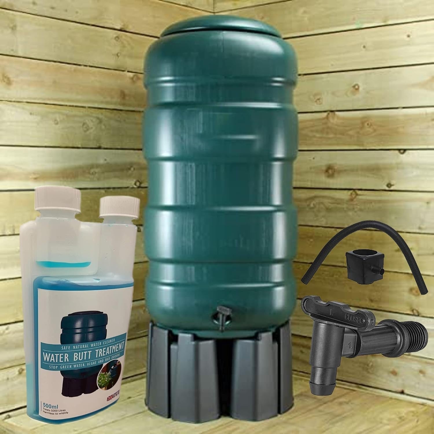 250L Water Butt with Tap, Diverter & Treatment Cleaner, Round, Green